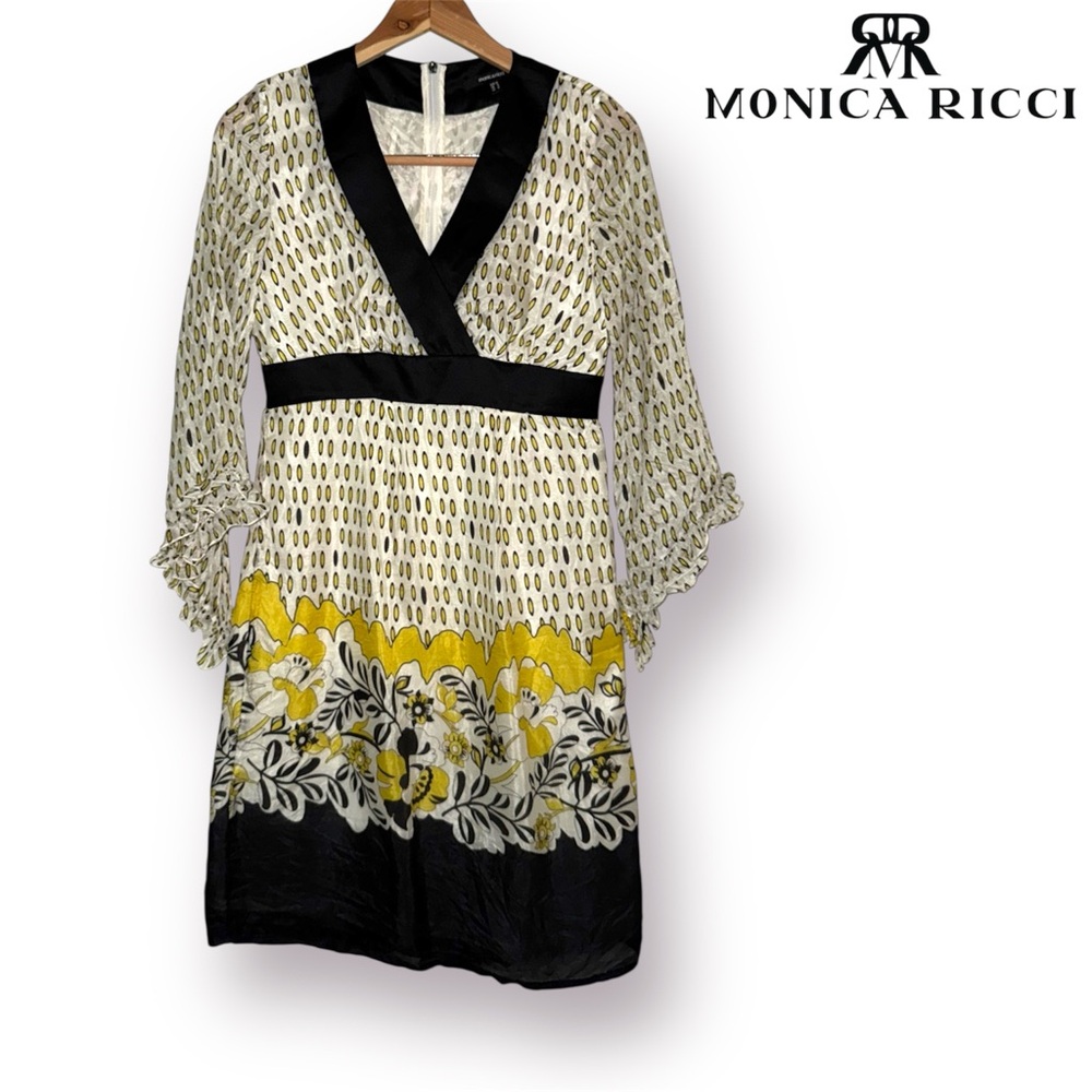 🛍️SALE🛍️ Monica Ricci Black and Yellow V-neckline Floral Silk Dress - Picture 2 of 6